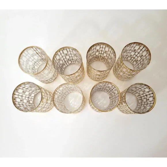 Imperial Glass Shoji Gold Trellis Drinking Glasses Set of Five Plus 3 Extras MCM - Picture 8 of 9